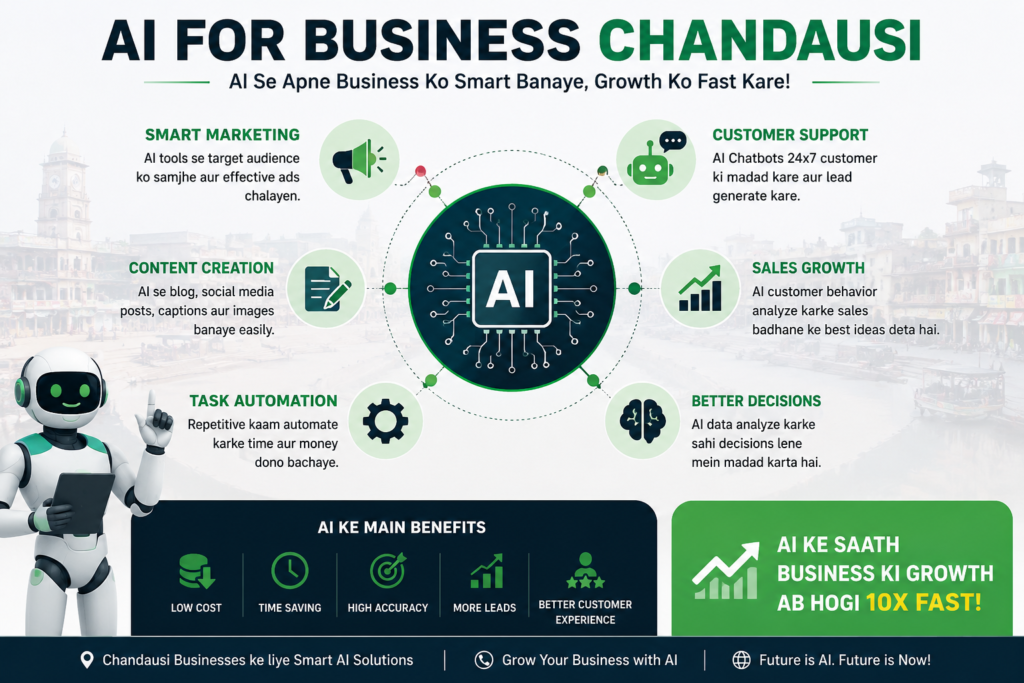 AI for Business Chandausi infographic showing AI marketing, customer support, automation, content creation, and sales growth for local businesses