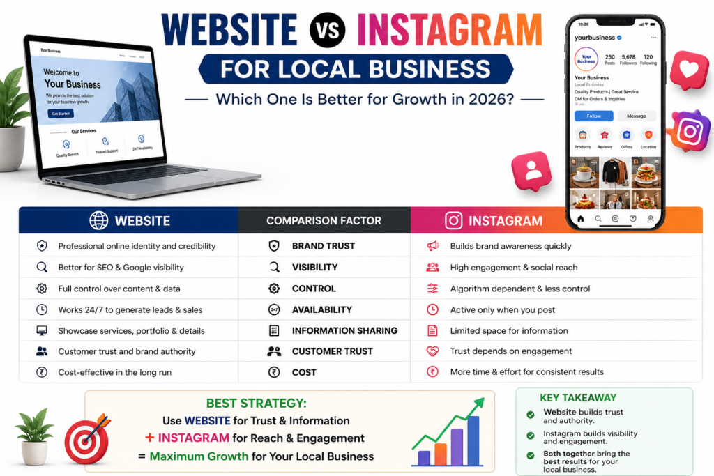 Website vs Instagram for Local Business comparison infographic showing SEO, customer trust, lead generation, and social media marketing benefits