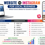 Website vs Instagram for Local Business comparison infographic showing SEO, customer trust, lead generation, and social media marketing benefits