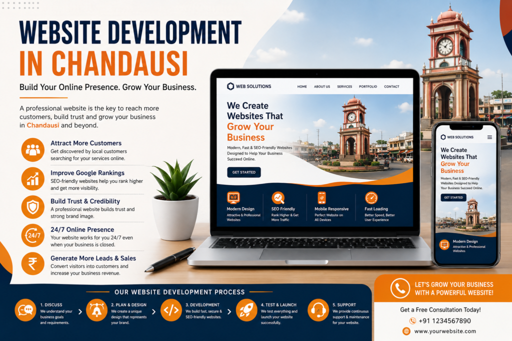 Website Development in Chandausi promotional banner showing a responsive business website on laptop and mobile devices, highlighting SEO, customer growth, Google rankings, and online business success.