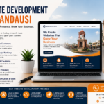 Website Development in Chandausi promotional banner showing a responsive business website on laptop and mobile devices, highlighting SEO, customer growth, Google rankings, and online business success.