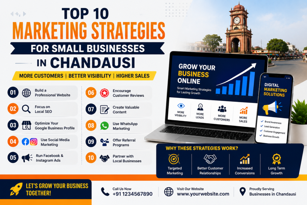 Top 10 Marketing Strategies for Small Businesses in Chandausi infographic featuring Local SEO, social media marketing, Google Business Profile, website development, and business growth strategies.