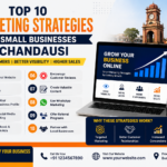 Top 10 Marketing Strategies for Small Businesses in Chandausi infographic featuring Local SEO, social media marketing, Google Business Profile, website development, and business growth strategies.
