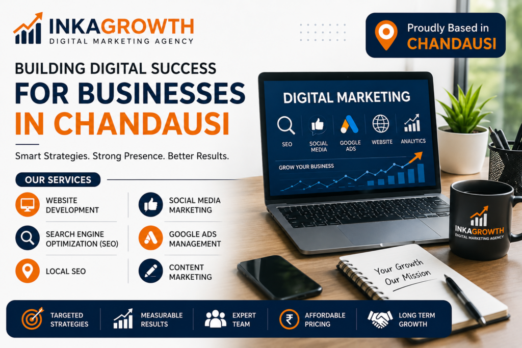 INKAGROWTH Digital Marketing Agency in Chandausi banner showcasing website development, SEO, Local SEO, Google Ads, social media marketing, and business growth solutions for local businesses.