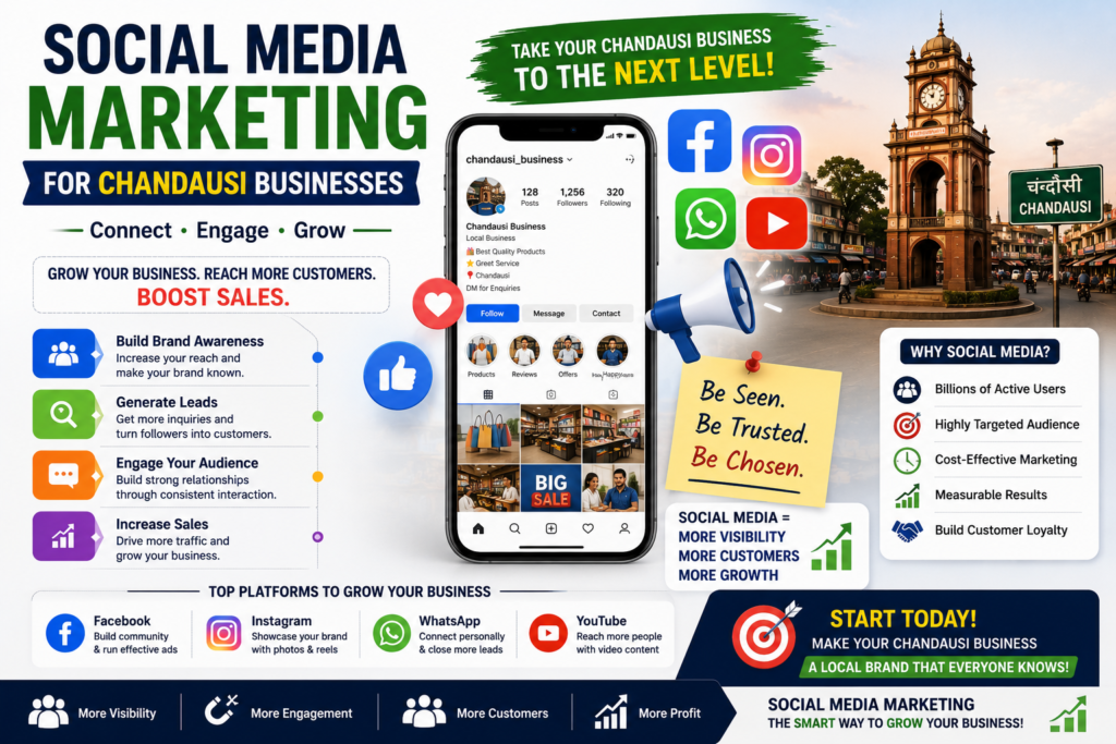 Social Media Marketing for Chandausi Businesses infographic showing Facebook, Instagram, WhatsApp, and YouTube marketing strategies to increase brand awareness, generate leads, and grow sales.