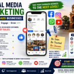 Social Media Marketing for Chandausi Businesses infographic showing Facebook, Instagram, WhatsApp, and YouTube marketing strategies to increase brand awareness, generate leads, and grow sales.