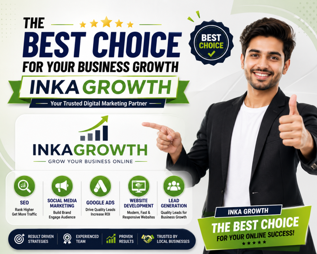 "The Best Choice for Your Business Growth" highlighting SEO, Google Ads, Social Media Marketing, Website Development, and Lead Generation services.