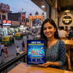 Woman holding tablet showing digital marketing advertisement to grow Chandausi business