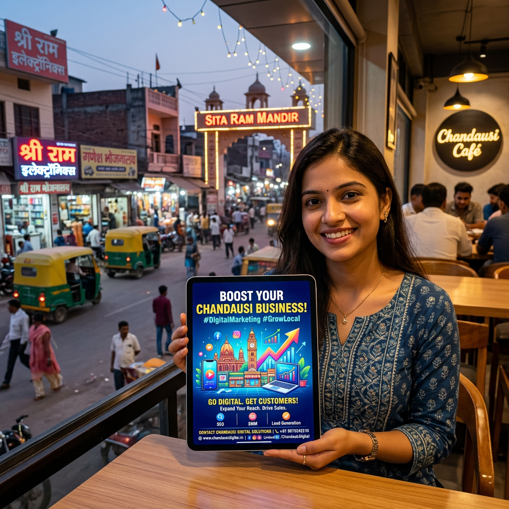 Woman holding tablet showing digital marketing advertisement to grow Chandausi business