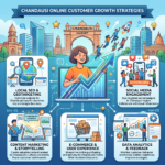 Infographic showing five strategies for online customer growth in Chandausi: Local SEO, Social Media Engagement, Content Marketing, E-commerce, and Data Analytics.
