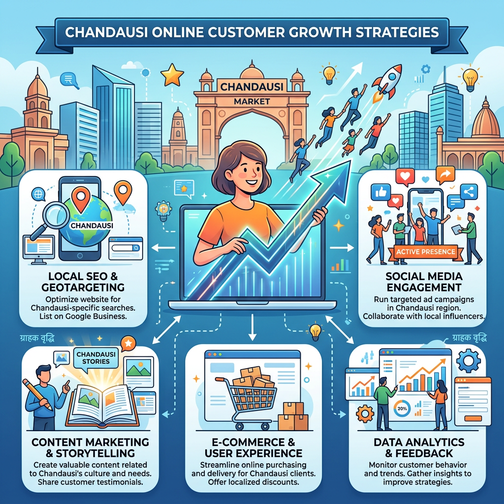 Infographic showing five strategies for online customer growth in Chandausi: Local SEO, Social Media Engagement, Content Marketing, E-commerce, and Data Analytics.