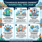 Marketing tips for Chandausi business owners including WhatsApp Business, local SEO, video content, community engagement, targeted ads, and data analysis.