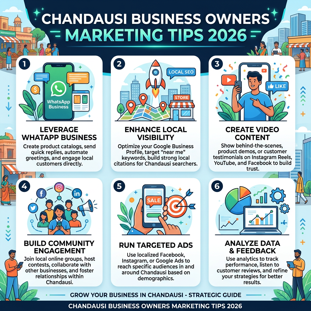 Marketing tips for Chandausi business owners including WhatsApp Business, local SEO, video content, community engagement, targeted ads, and data analysis.