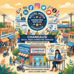 Chandausi social media marketing agency promoting growth, strategy, engagement, and SEO with social media icons and local market scene.