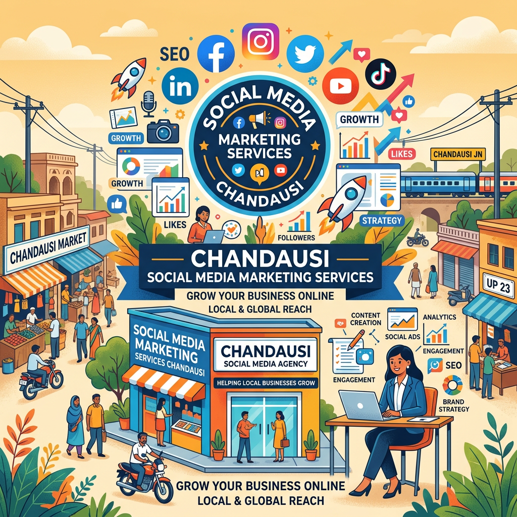 Chandausi social media marketing agency promoting growth, strategy, engagement, and SEO with social media icons and local market scene.