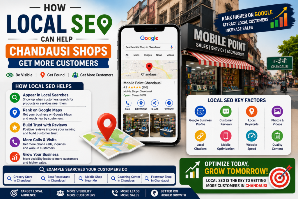 How Local SEO Can Help Chandausi Shops Get More Customers infographic showing Google Maps rankings, local search optimization, customer reviews, and increased business visibility in Chandausi.