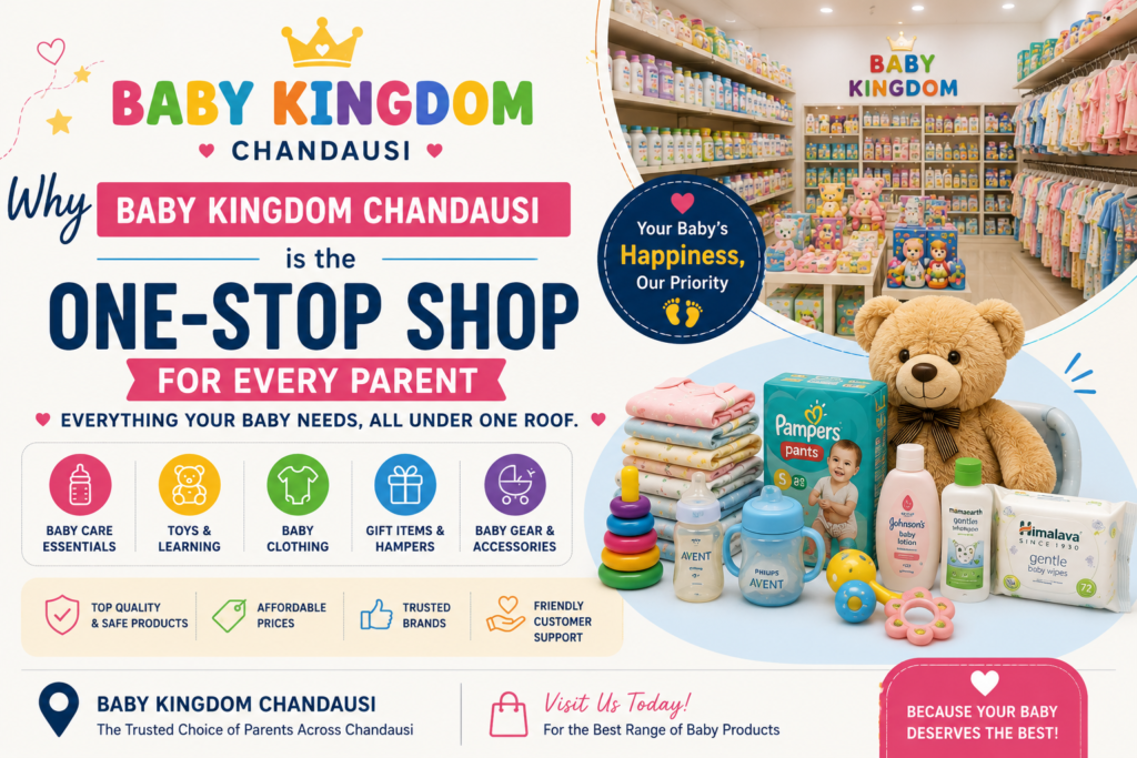 Baby Kingdom Chandausi – One-stop shop for baby products, baby care essentials, toys, baby clothing, feeding accessories, and gifts for parents in Chandausi.