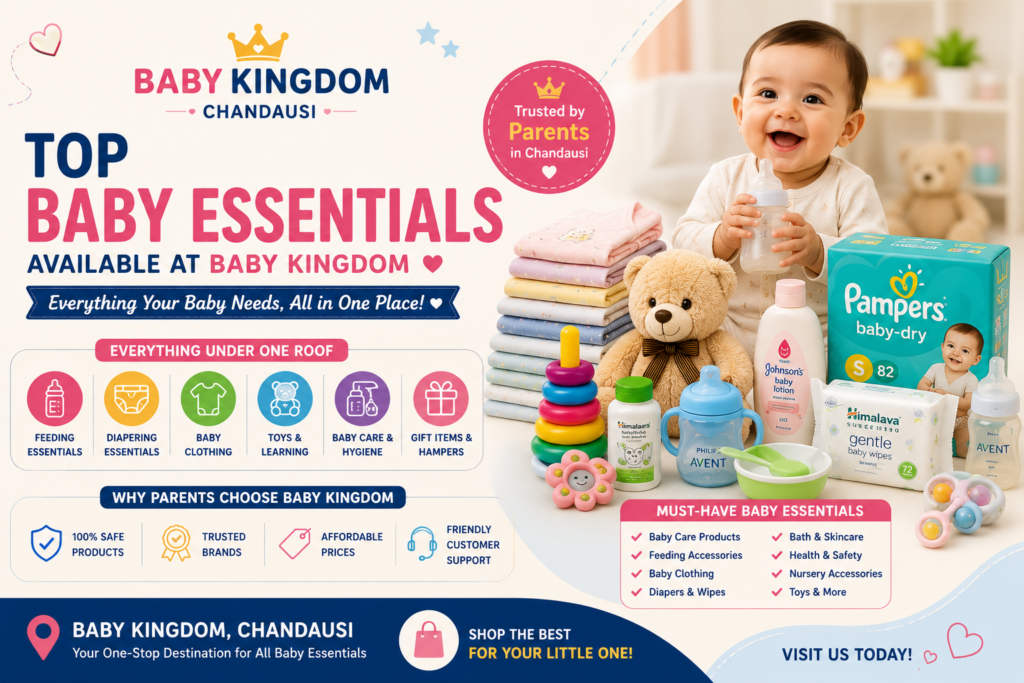 Top Baby Essentials in Chandausi available at Baby Kingdom, featuring baby care products, feeding accessories, diapers, baby clothing, toys, and newborn essentials