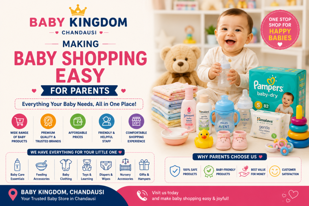 Baby shopping in Chandausi made easy at Baby Kingdom with baby care products, feeding accessories, diapers, baby clothing, toys, and newborn essentials under one roof.