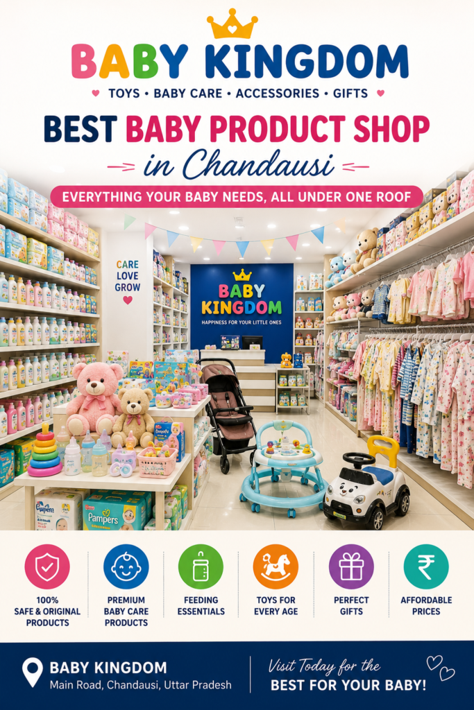 Best Baby Product Shop in Chandausi – Baby Kingdom store displaying premium baby care products, baby clothing, toys, feeding accessories, and newborn essentials.