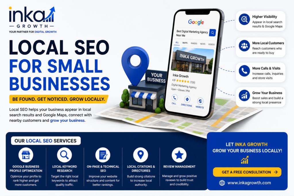 Local SEO for Small Businesses by Inka Growth featuring Google Business Profile optimization, local keyword research, Google Maps SEO, review management, and local business growth strategies.