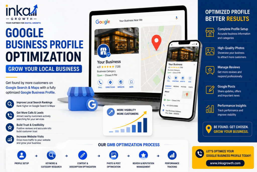 Google Business Profile Optimization by Inka Growth showcasing Google Business Profile management, local SEO, Google Maps optimization, review management, and digital marketing strategies to improve local business visibility and customer engagement.