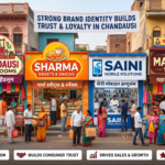 A vibrant, busy marketplace in Chandausi, India, featuring local shops like 'Chandausi Handlooms', 'Sharma Sweets', and 'Saini Mobile Solutions' with bright, professional modern signage and logos. A banner overhead reads 'Strong Brand Identity Builds Trust & Loyalty in Chandausi', highlighting the impact of branding on local businesses.