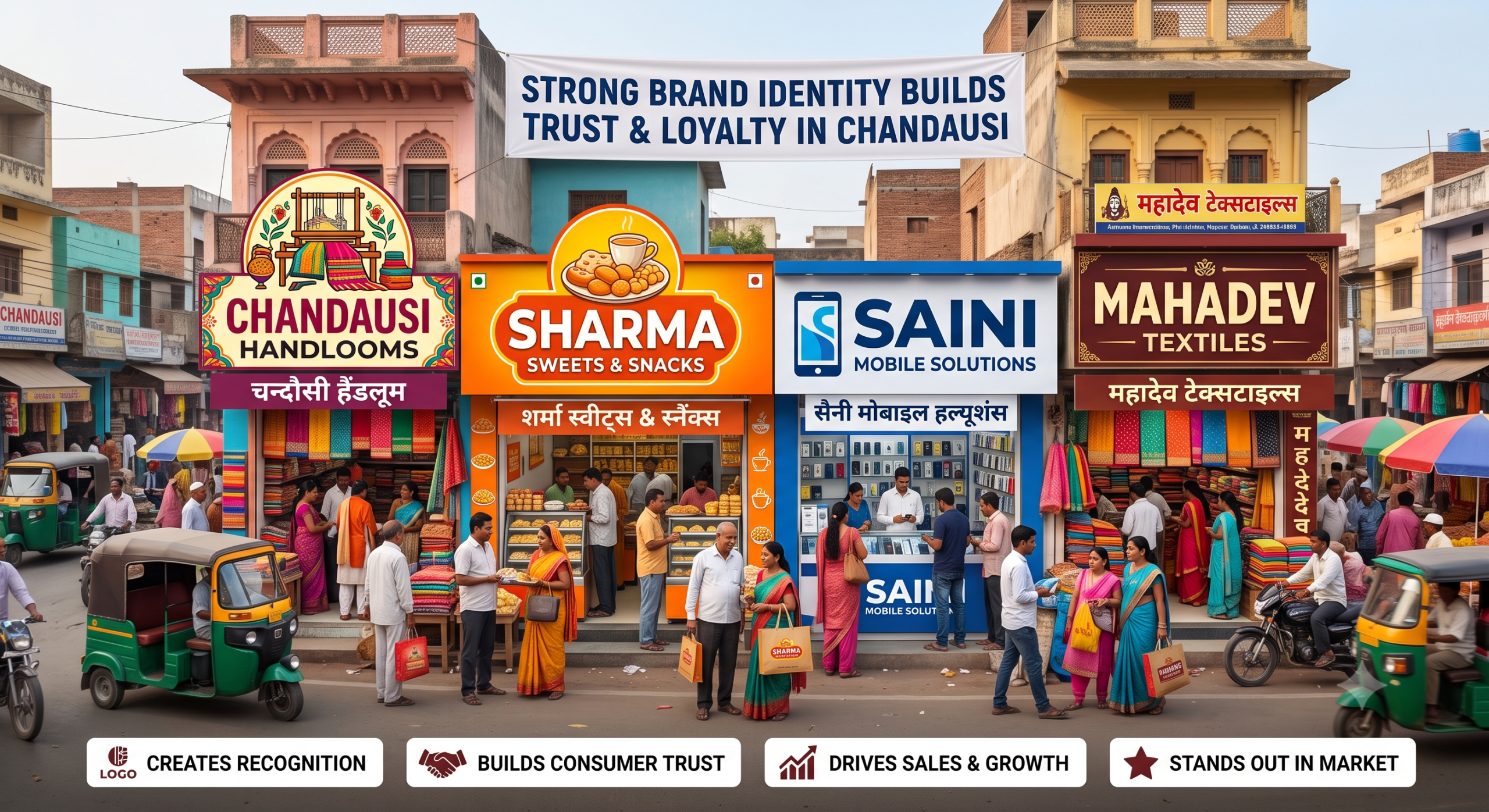 A vibrant, busy marketplace in Chandausi, India, featuring local shops like 'Chandausi Handlooms', 'Sharma Sweets', and 'Saini Mobile Solutions' with bright, professional modern signage and logos. A banner overhead reads 'Strong Brand Identity Builds Trust & Loyalty in Chandausi', highlighting the impact of branding on local businesses.