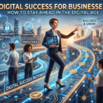 A futuristic visual infographic showing a diverse business team interacting with glowing holographic screens and data dashboards. In the center, a woman in a suit points upwards along a curved 'Digital Success Pathway' that leads to a rising arrow labeled 'SUCCEED & GROW