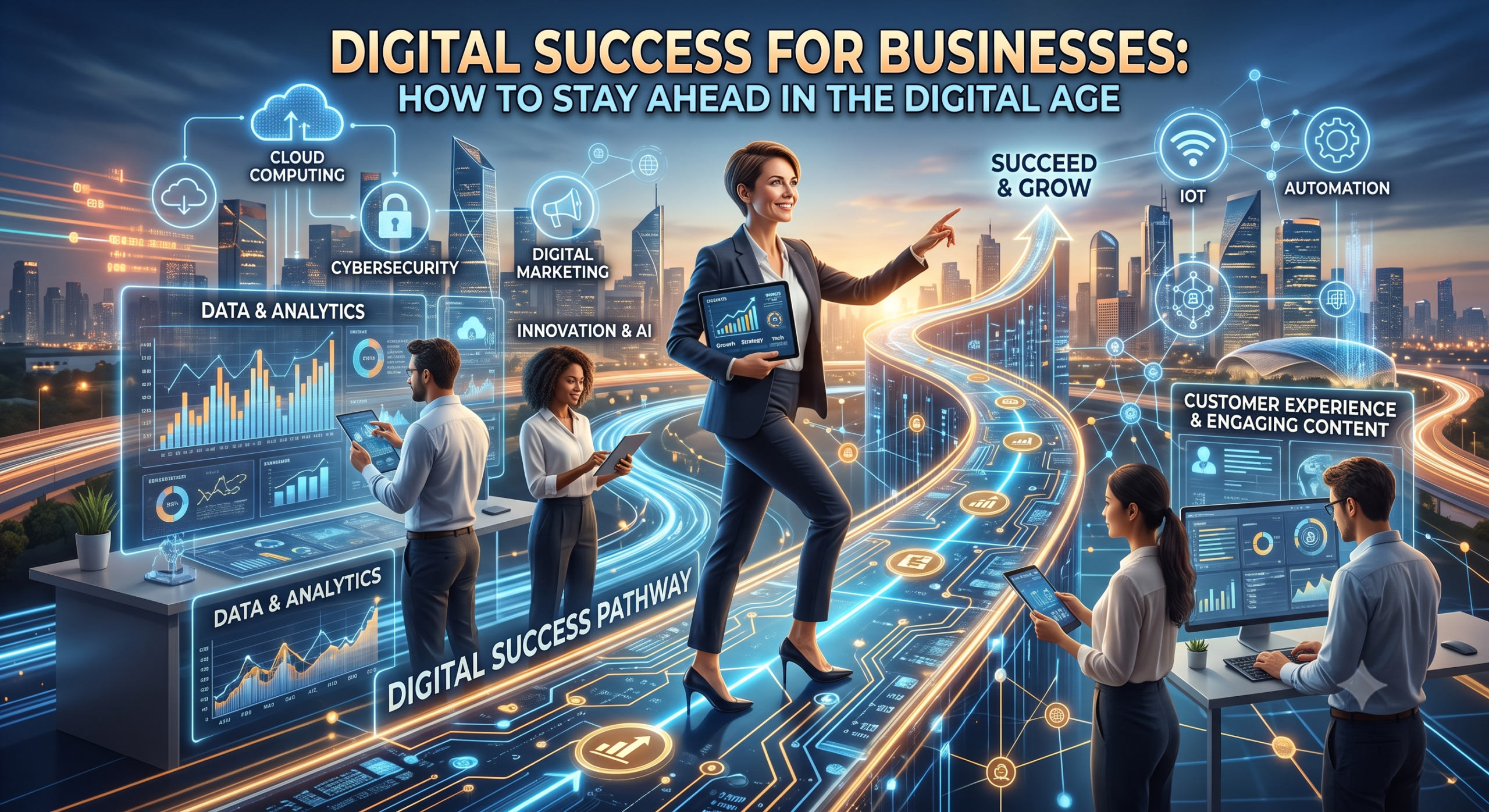 A futuristic visual infographic showing a diverse business team interacting with glowing holographic screens and data dashboards. In the center, a woman in a suit points upwards along a curved 'Digital Success Pathway' that leads to a rising arrow labeled 'SUCCEED & GROW