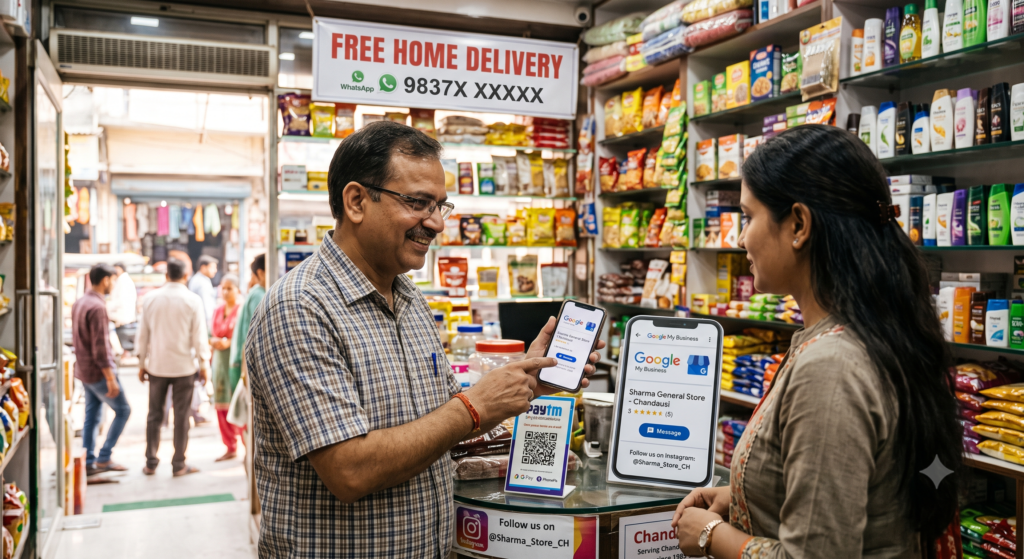 "An Indian shopkeeper smilingly shows a smartphone screen to a female customer inside a well-stocked general store in Chandausi.
