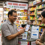 "An Indian shopkeeper smilingly shows a smartphone screen to a female customer inside a well-stocked general store in Chandausi.