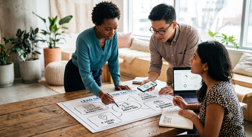 Lead Generation Strategies for Small Businesses by Inka Growth featuring SEO, website development, social media marketing, Google Ads, landing pages, and digital marketing solutions to generate quality leads and business growth.