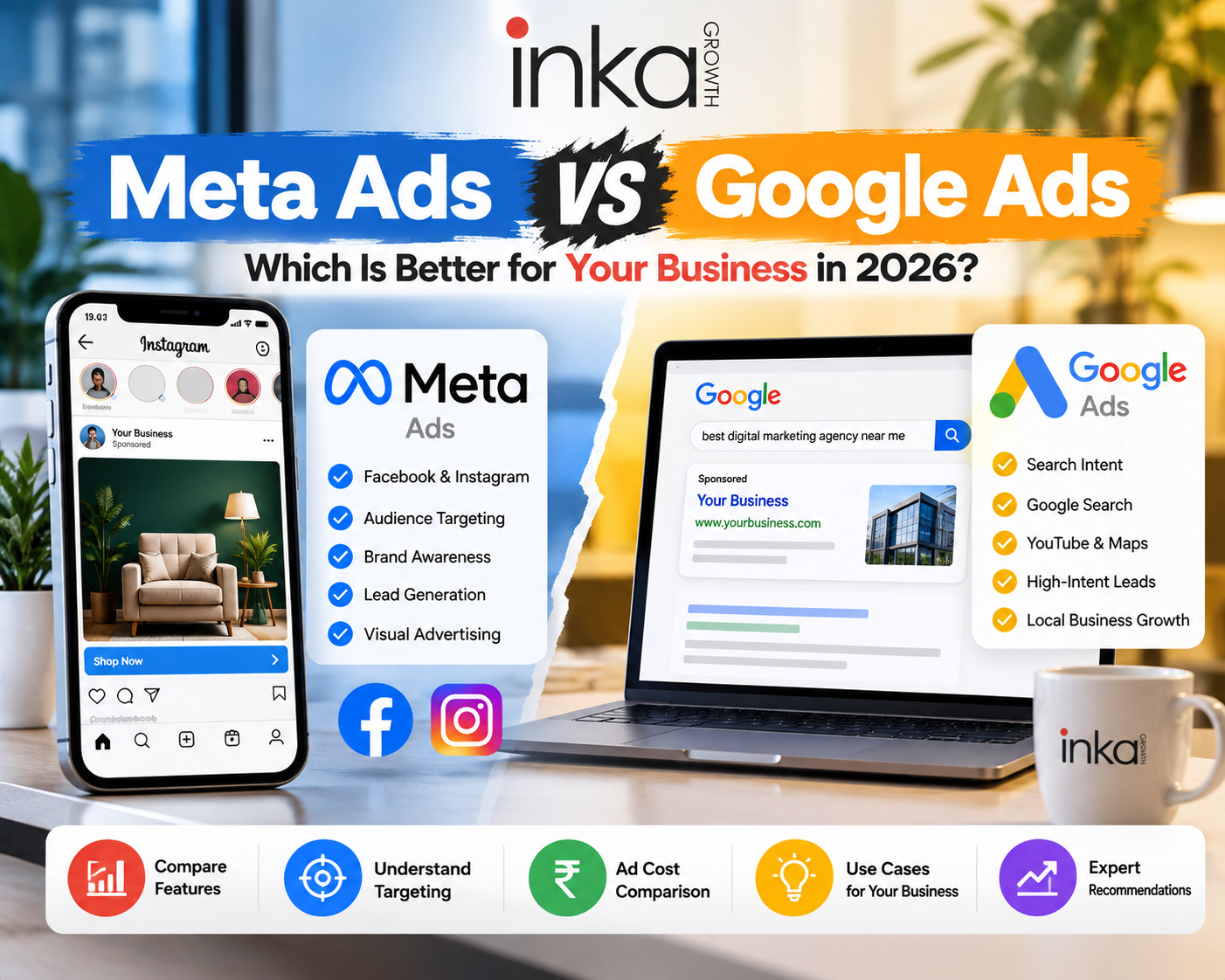 Meta Ads vs Google Ads comparison for business growth in 2026 by INKAGROWTH